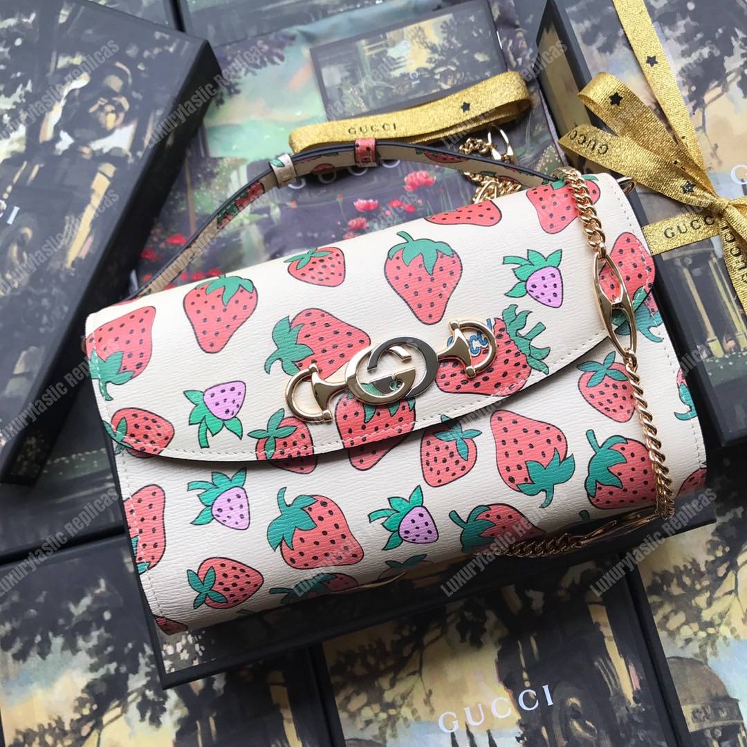 G*u*i zumi strawberry print smooth leather small shoulder bag