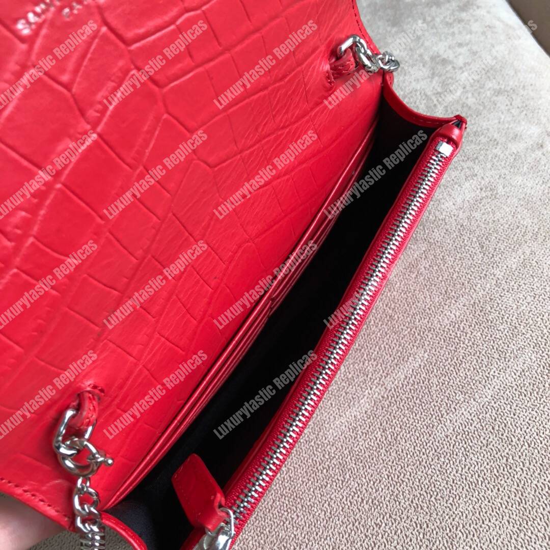 Saint Laurent Kate Chain Wallet With Tassel Red Crocodile