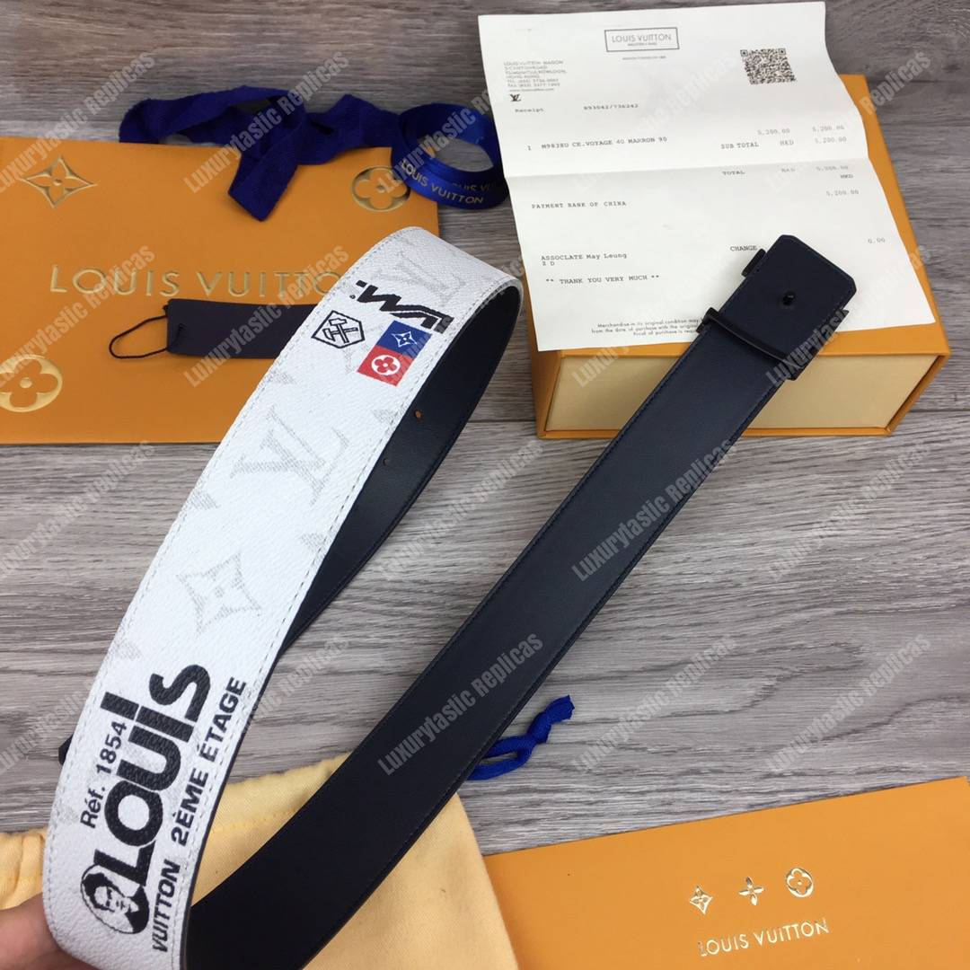 LV White Initiales With Printed Stickers 40MM Reversible Leather Belt Black Hardware