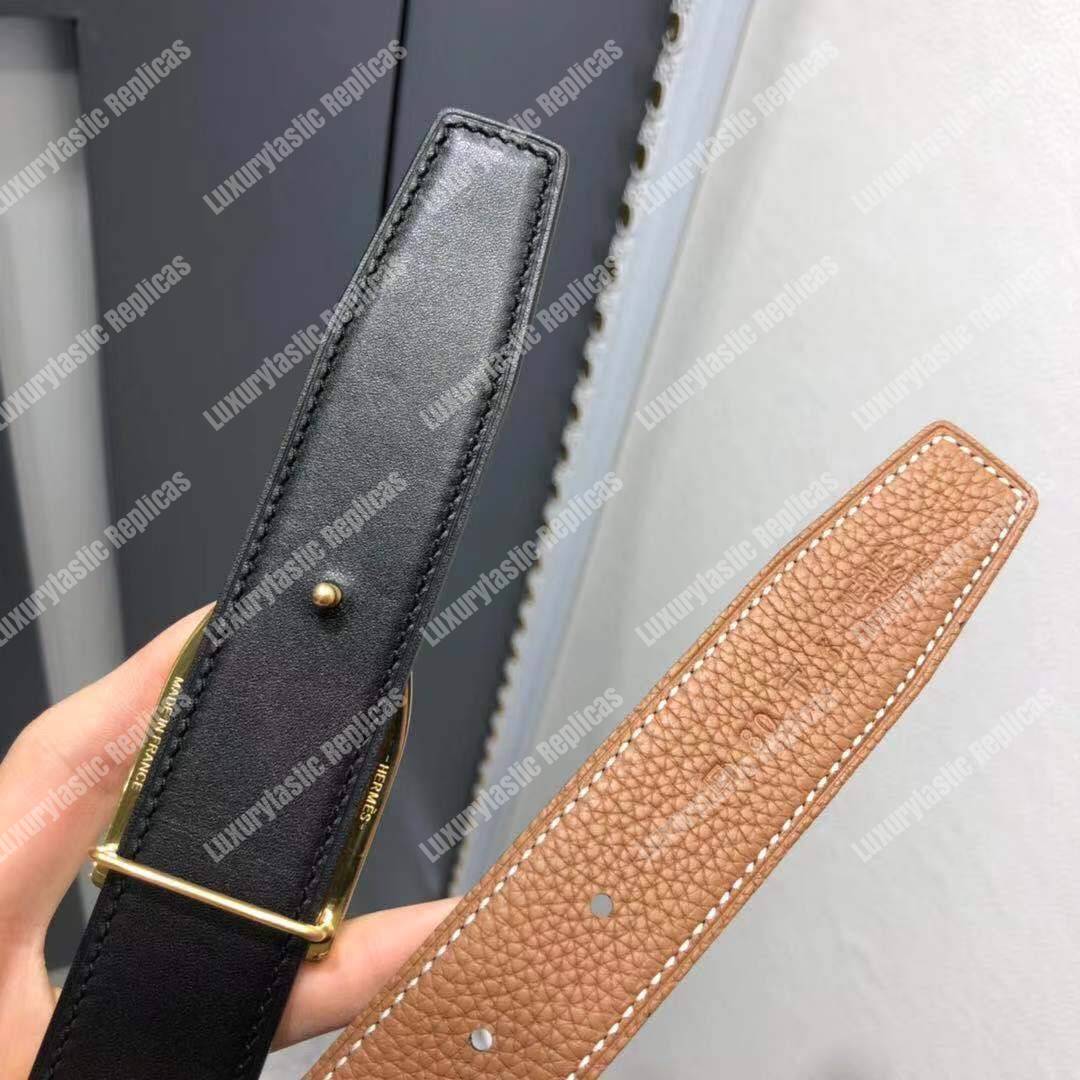 H**mes etrier buckle & reversible leather strap 32 mm noir / gold