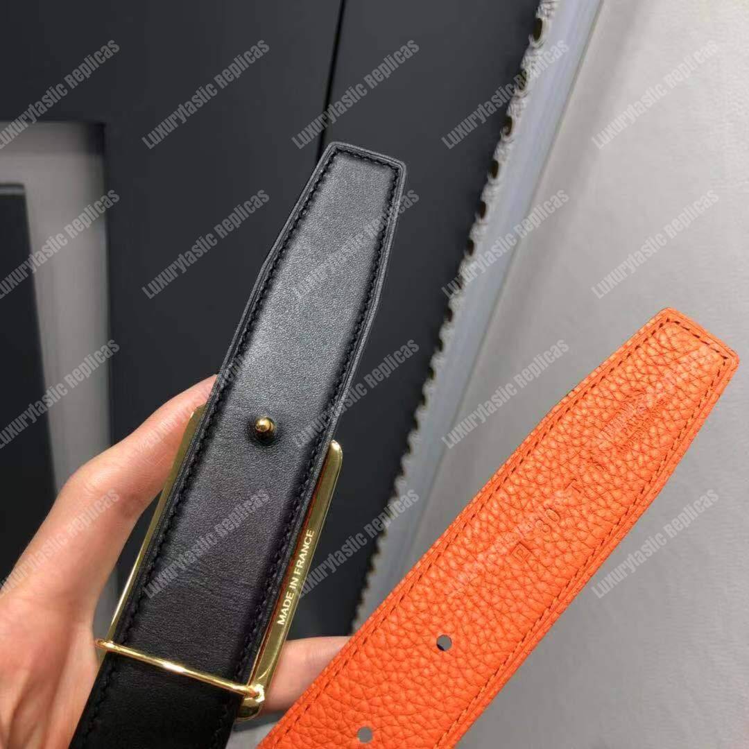 H**mes officier belt buckle reversible leather strap black/orange