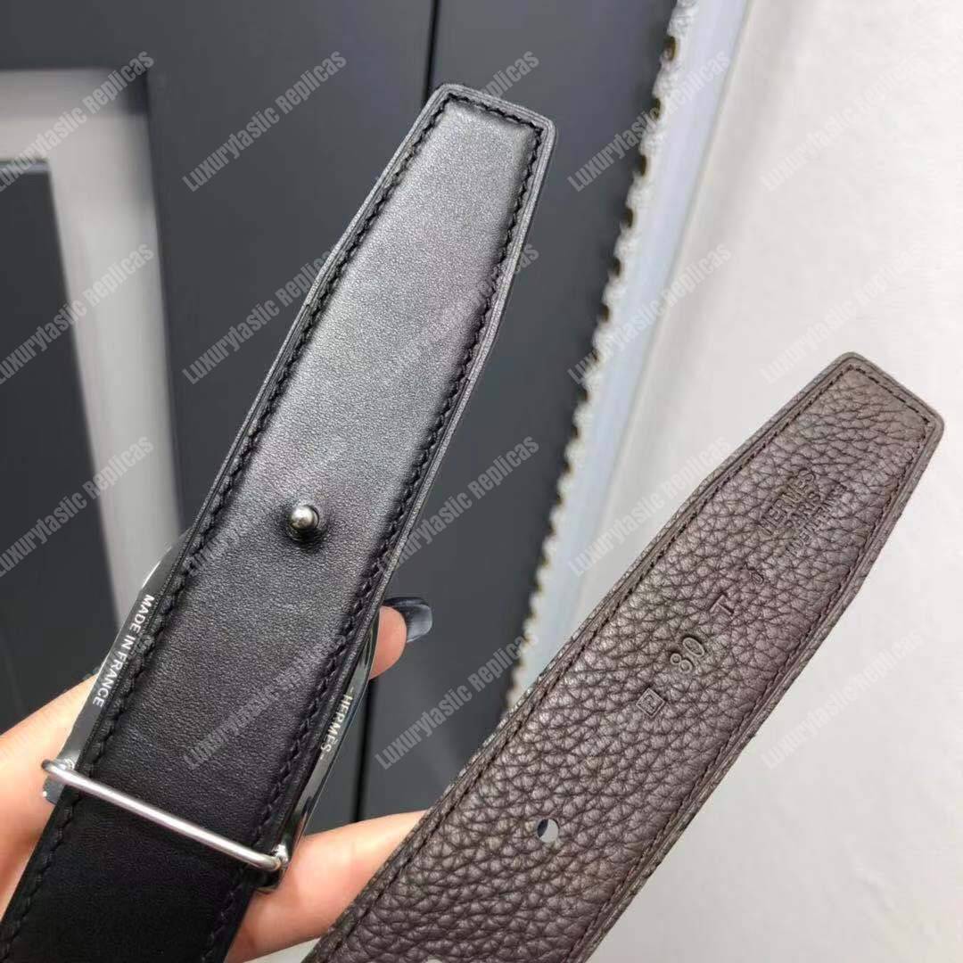 H**mes etrier buckle & reversible leather strap 32 mm noir / chocolat