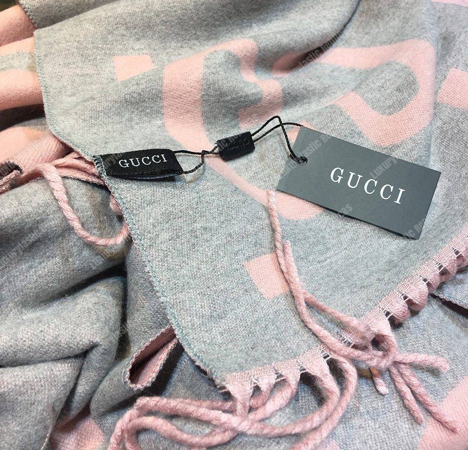 G*u*i gg jacquard wool silk scarf light grey & pink