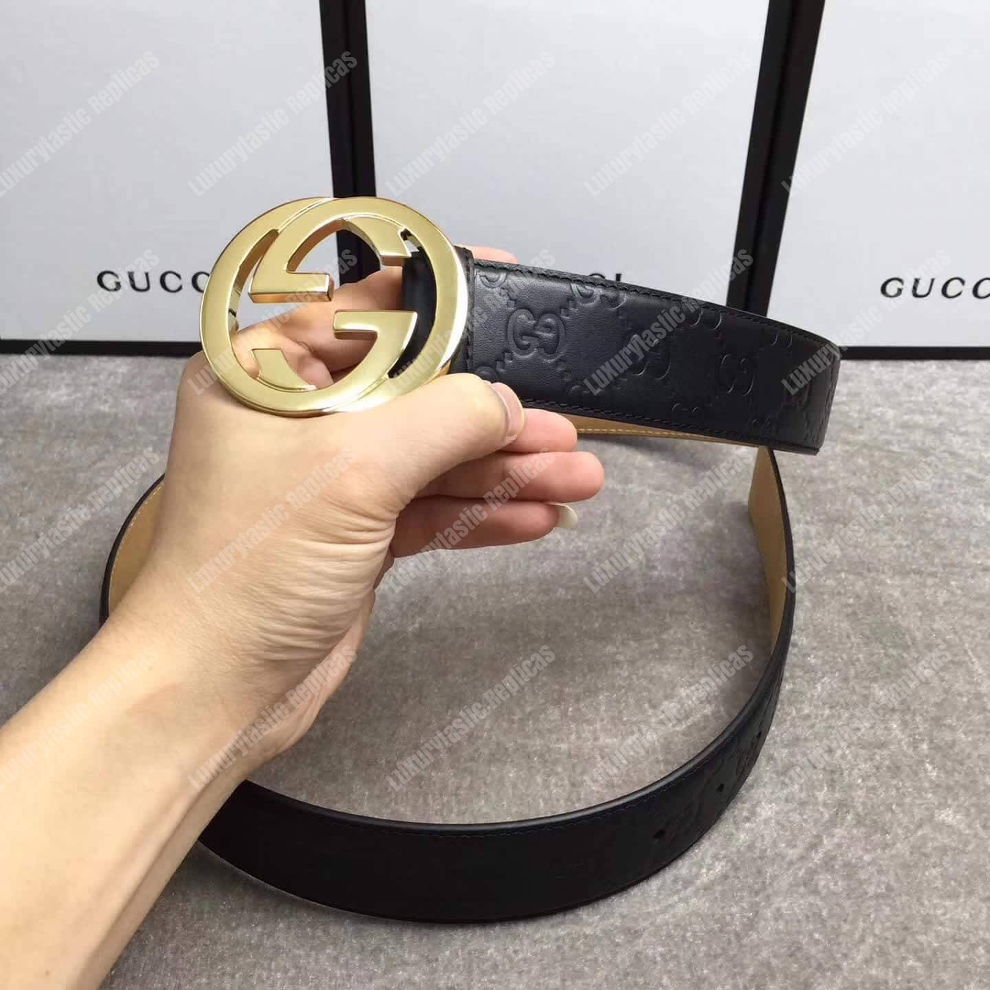 G*u*i signature leather belt with gold interlocking g buckle