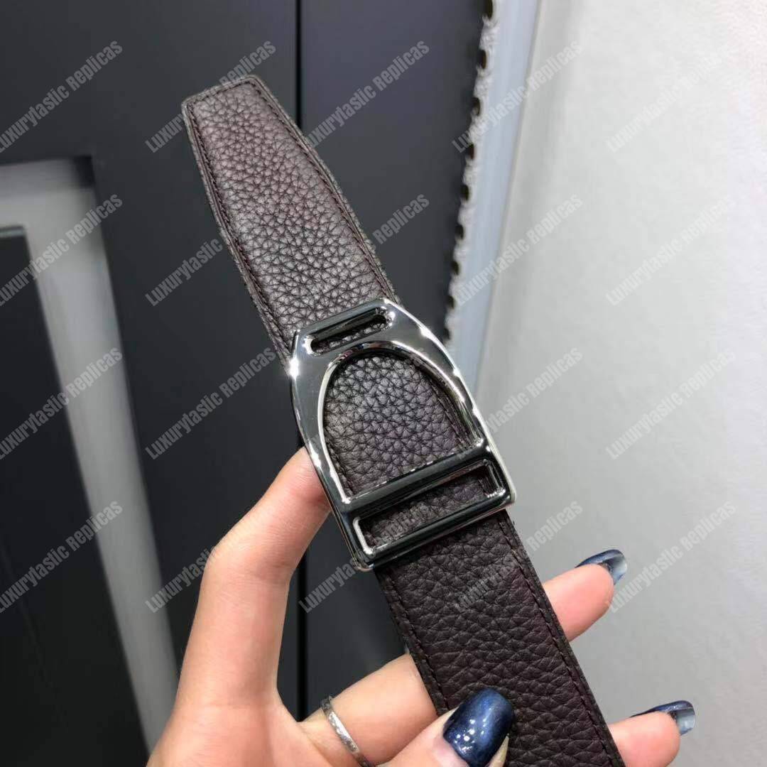 H**mes etrier buckle & reversible leather strap 32 mm noir / chocolat