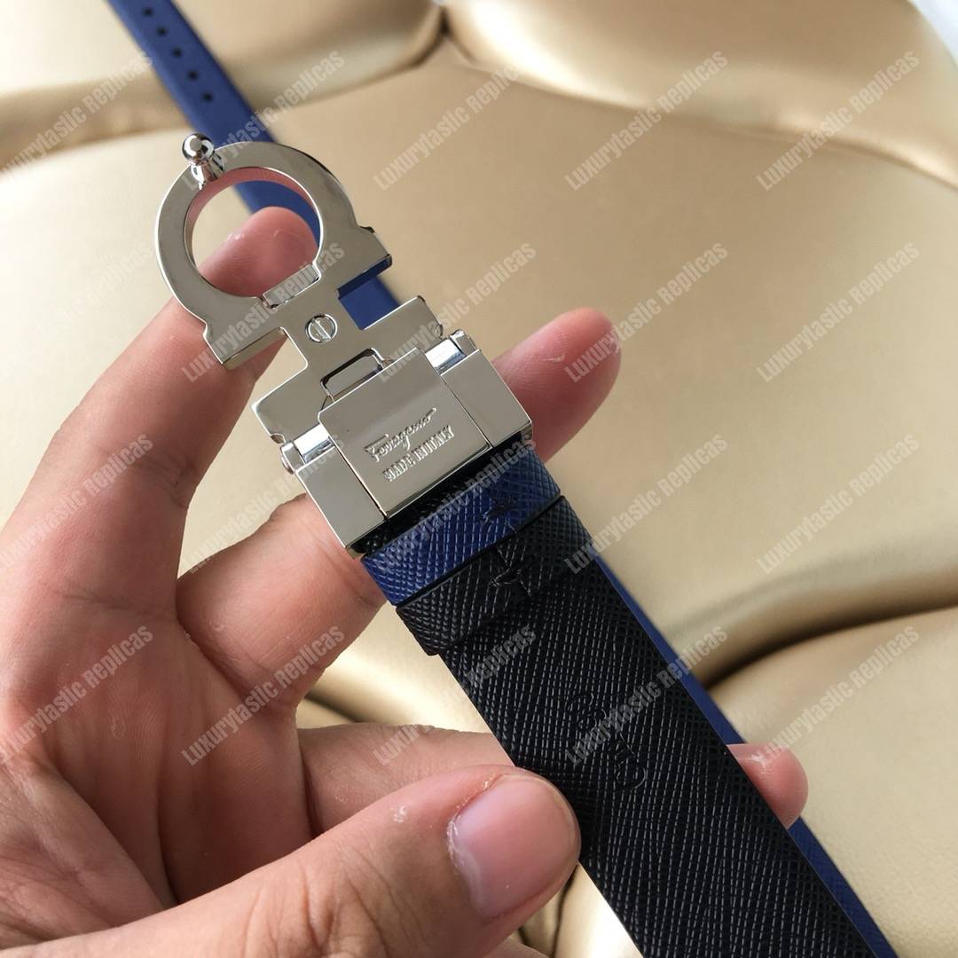 Salvatore Ferragamo Adjustable and Reversible Gancini Belt Blue / Black