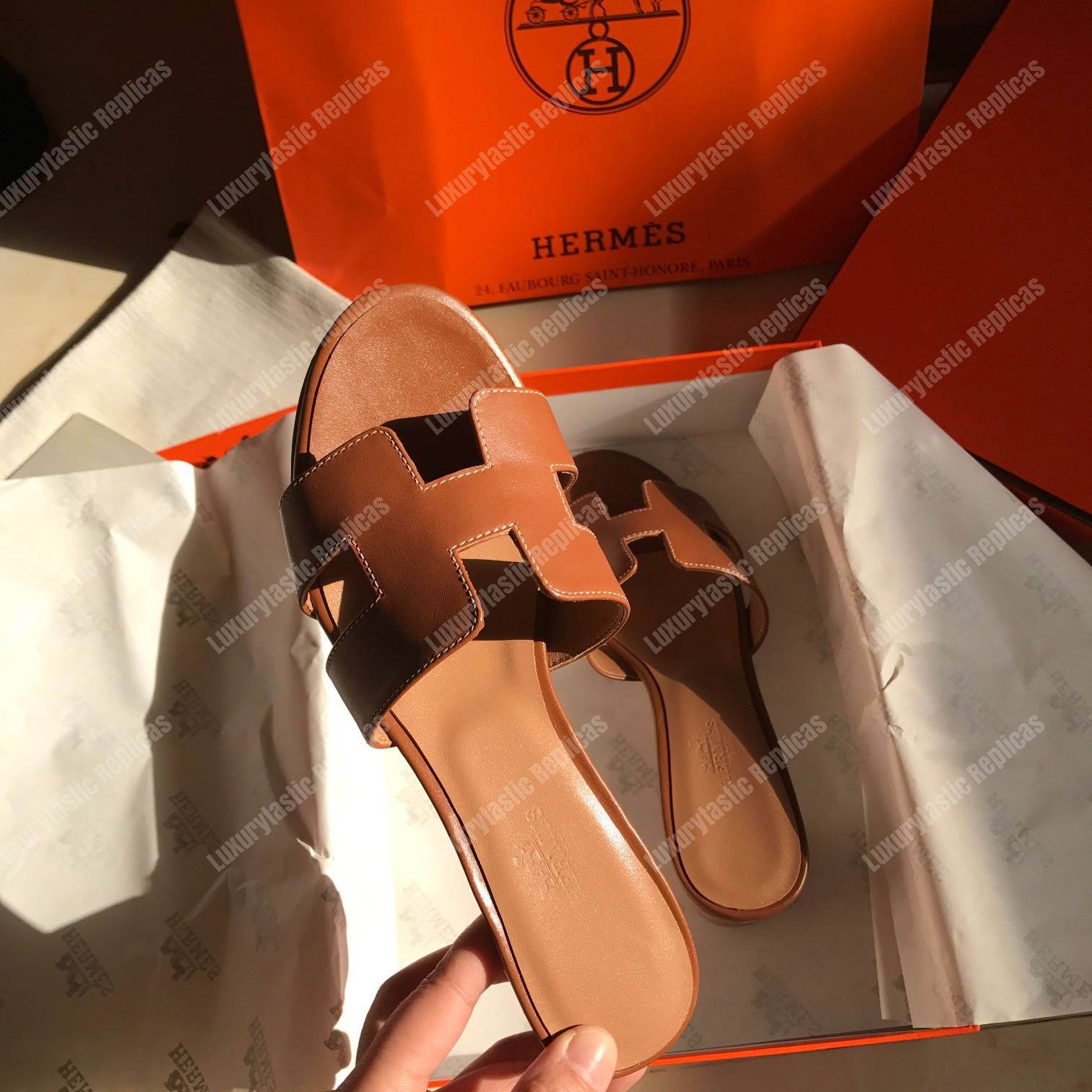 H**mes oran sandal calfskin leather brown