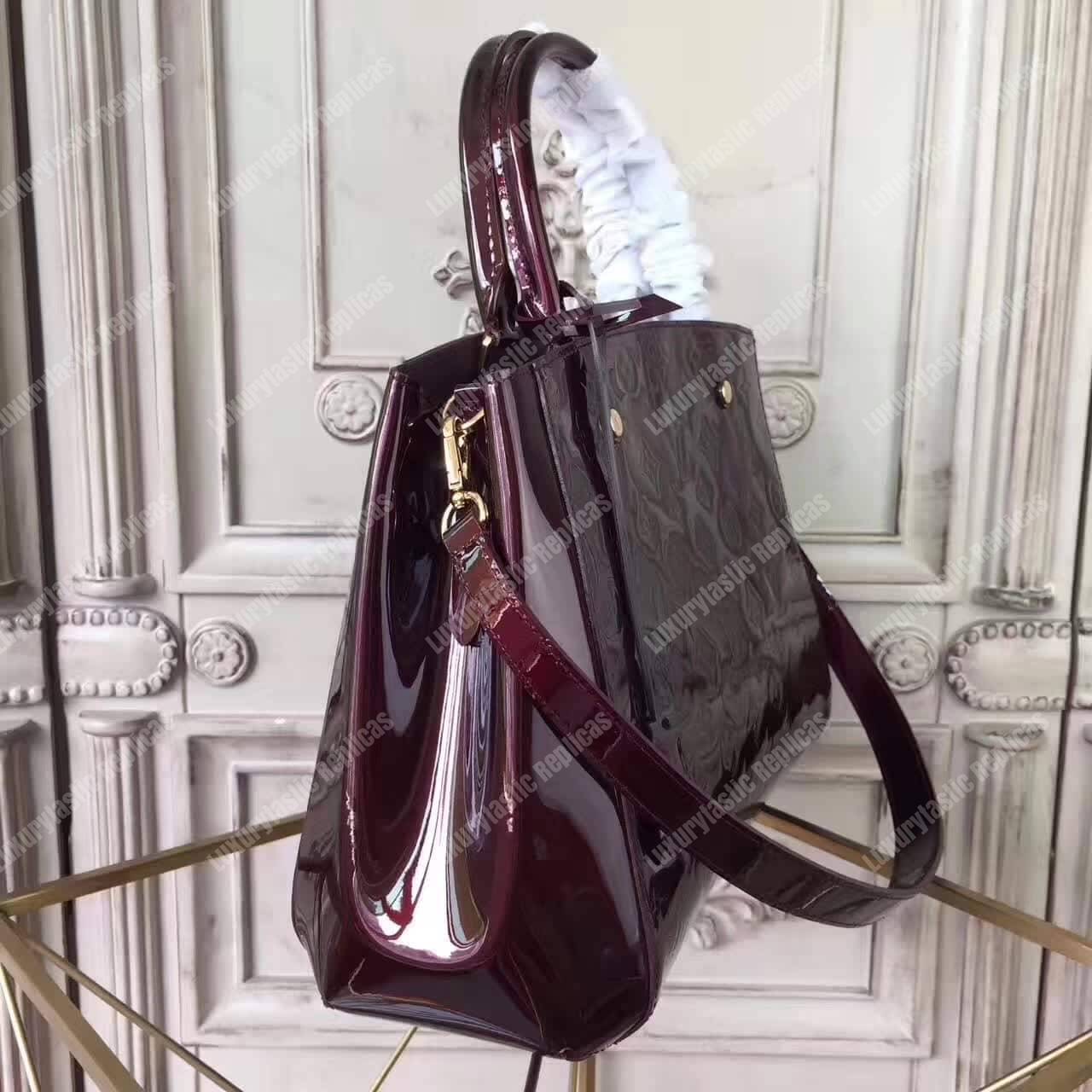 LV Montaigne MM Tote Bag Monogram Vernis Amarante