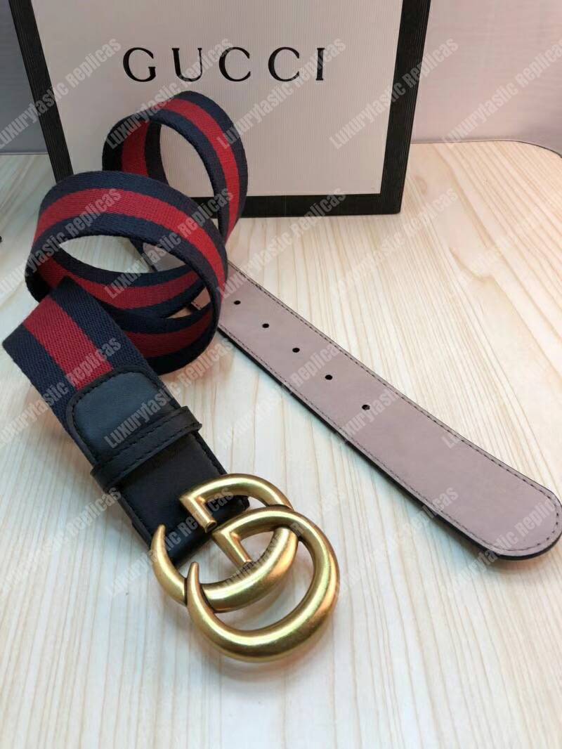 G*u*i nylon web belt with double g buckle blue and red