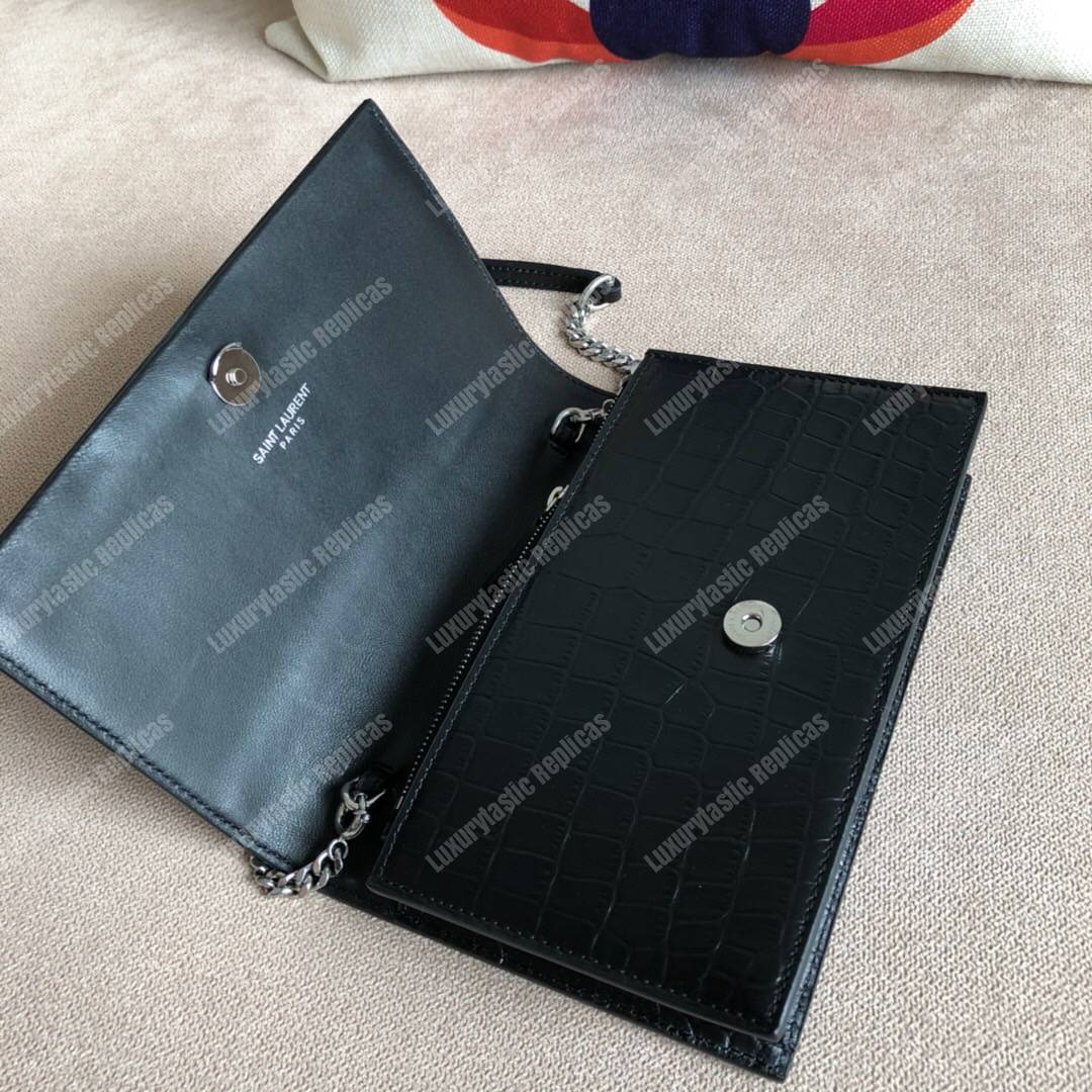 Saint Laurent Kate Chain Wallet With Tassel Black Crocodile