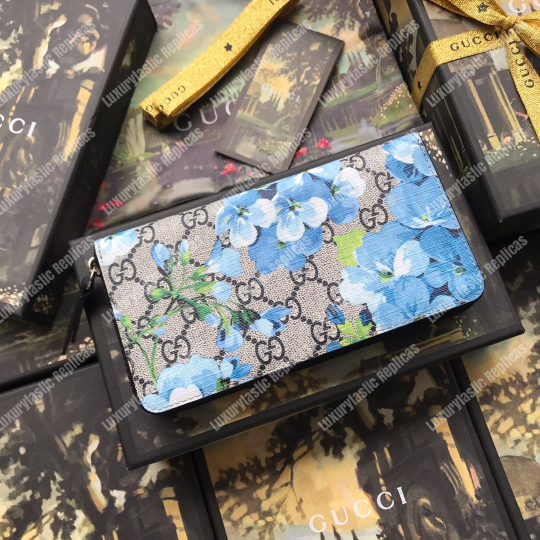 G*u*i gg blue blooms sup*e zip around wallet antique blue