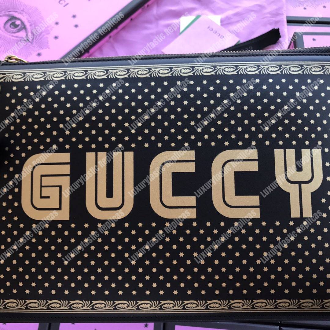 g*u*i G*u*iy print leather pouch bag black