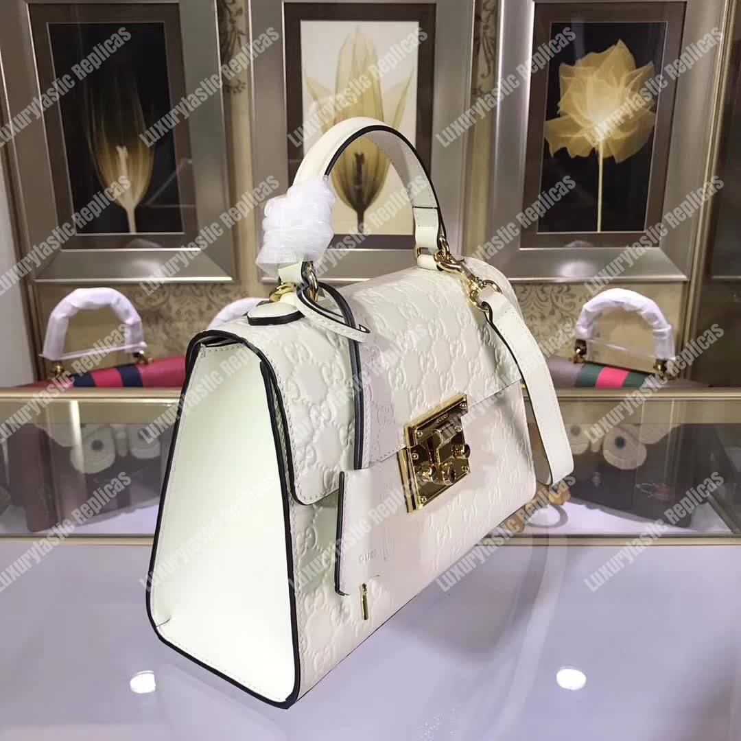G*u*i padlock small signature top handle bag white