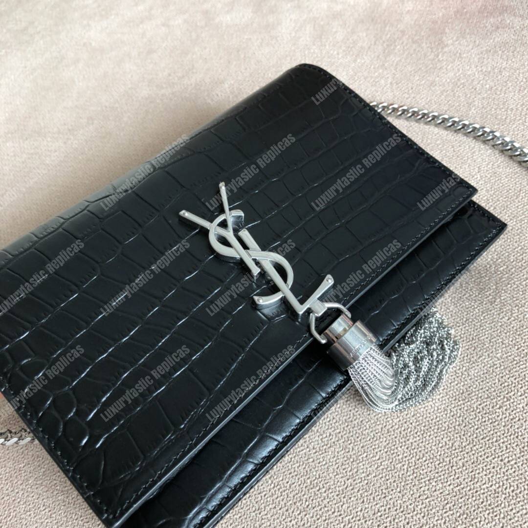 Saint Laurent Kate Chain Wallet With Tassel Black Crocodile