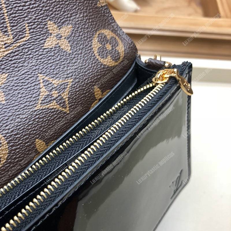 LV Cherrywood Chain Wallet patent calf leather with Monogram canvas in Black