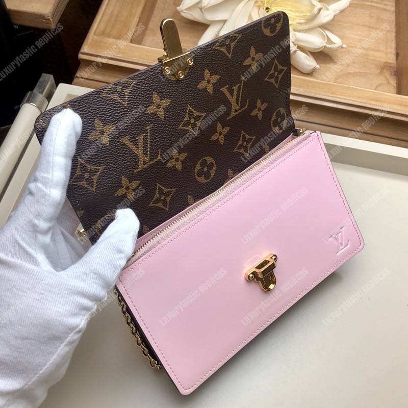 LV Cherrywood Chain Wallet patent calf leather with Monogram canvas in Rose Ballerine Pink