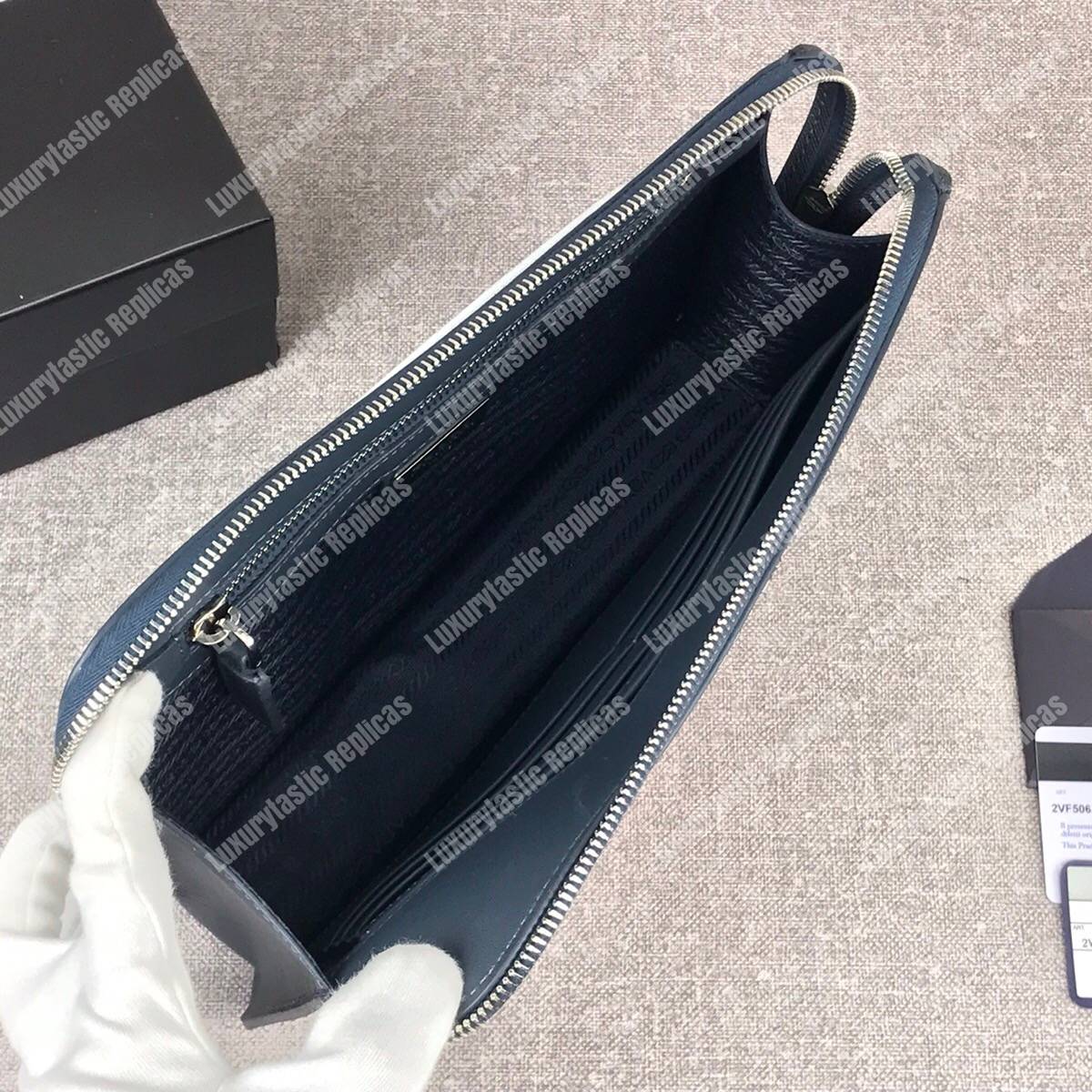 Pra*a saffiano and crocodile leather wallet blue grey/dark blue crocodile insert
