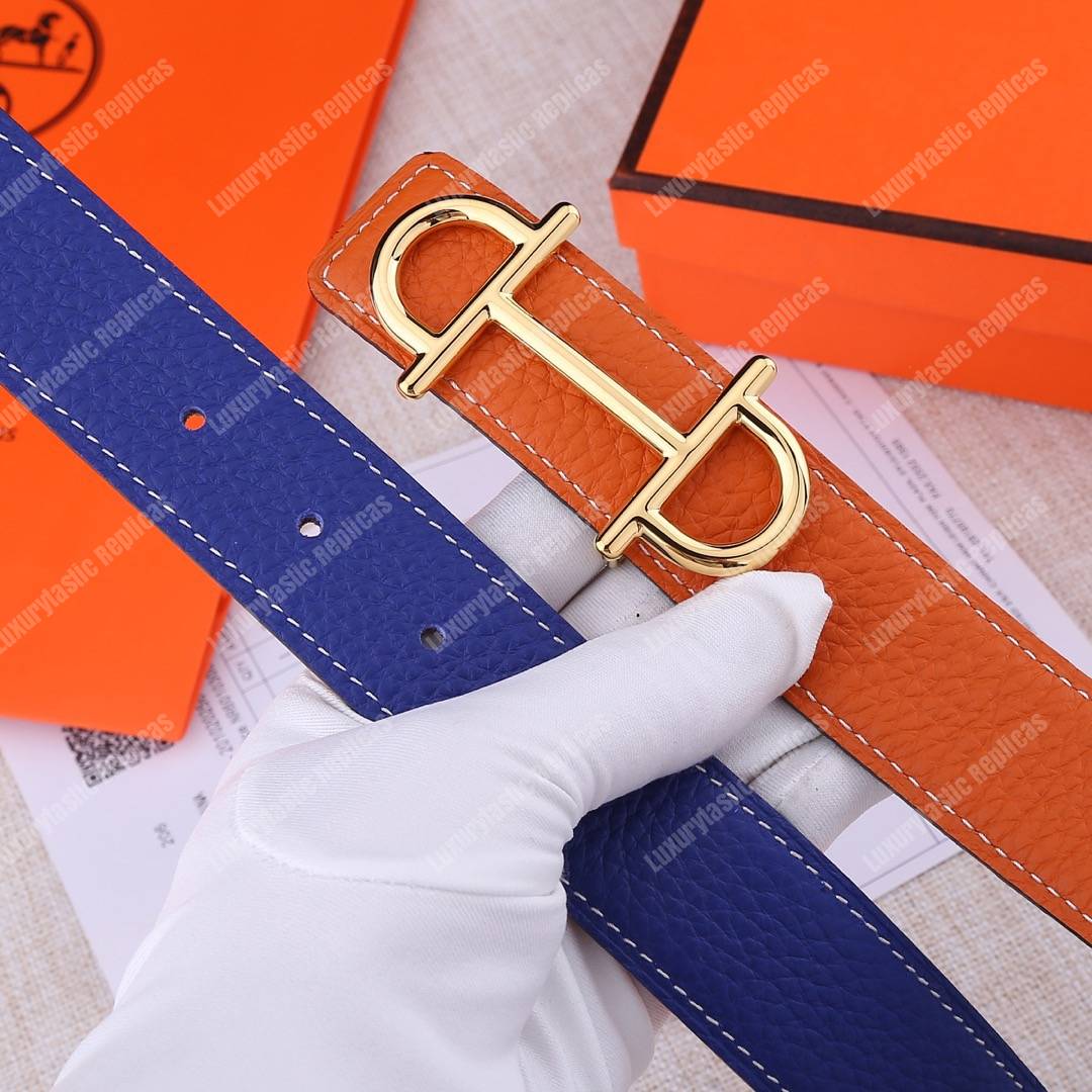 H**mes gamma belt buckle sellier reversible leather strap orange / blue