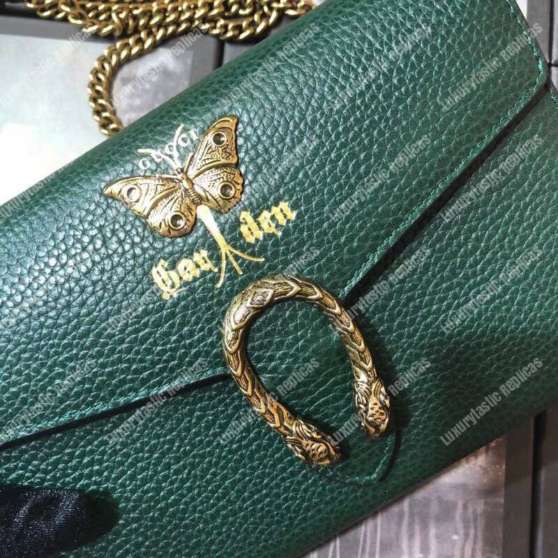 G*u*i calfskin garden dionysus chain wallet green with butterfly