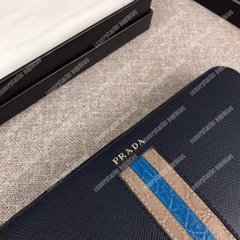 Pra*a saffiano and crocodile leather wallet blue dark blue/grey crocodile insert