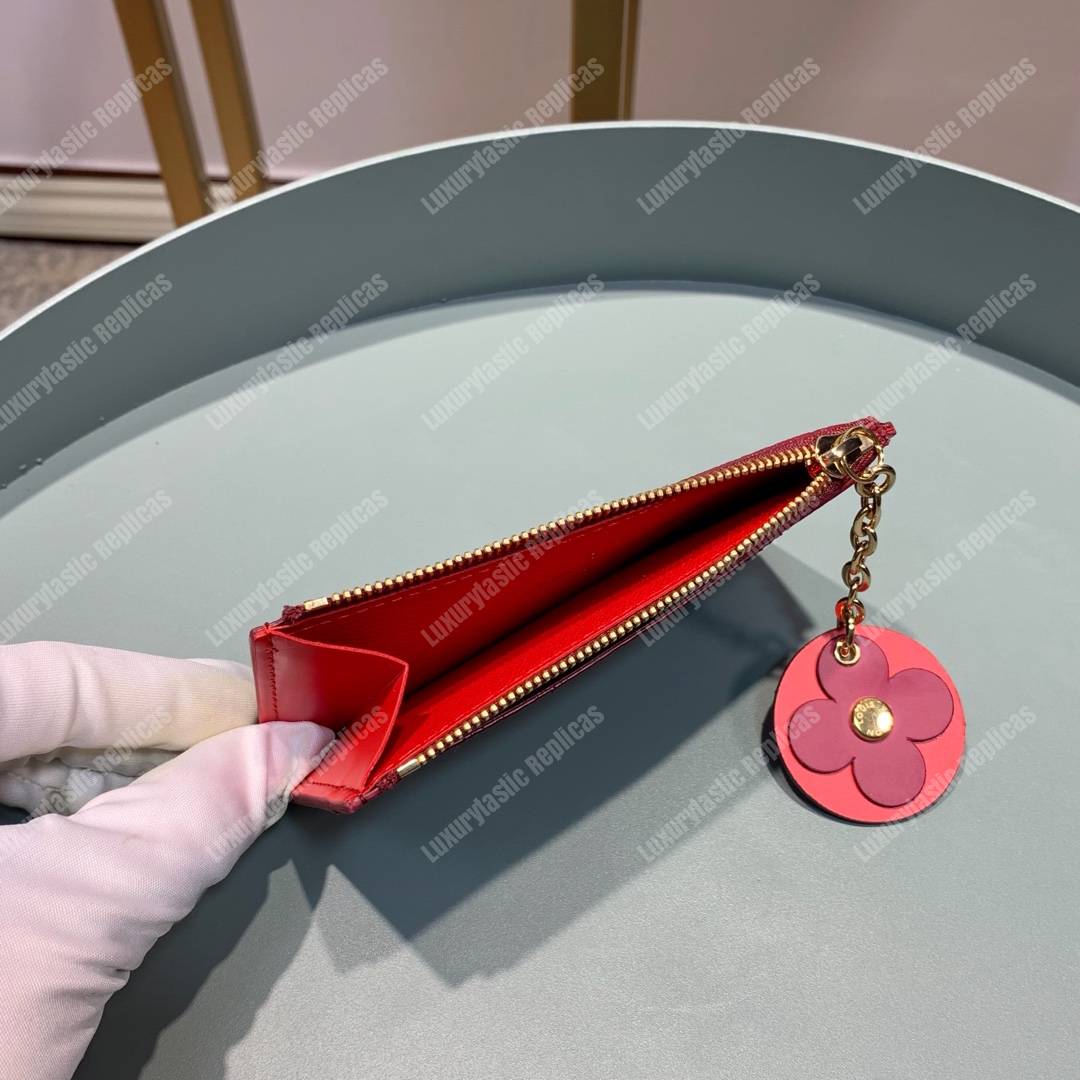 LV Zipped Card Holder Monogram canvas with colorful grained-leather trim Rose Ballerine Red