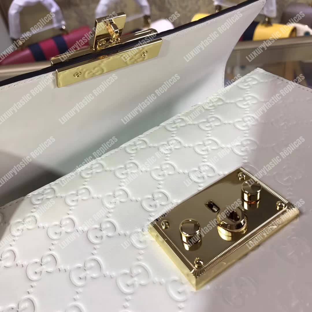 G*u*i padlock small signature top handle bag white