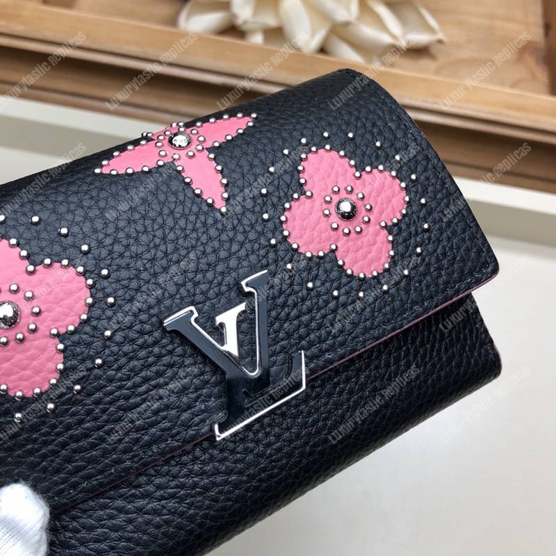 LV Capucines Compact Wallet Taurillon Noir Leather Monogram Flowers