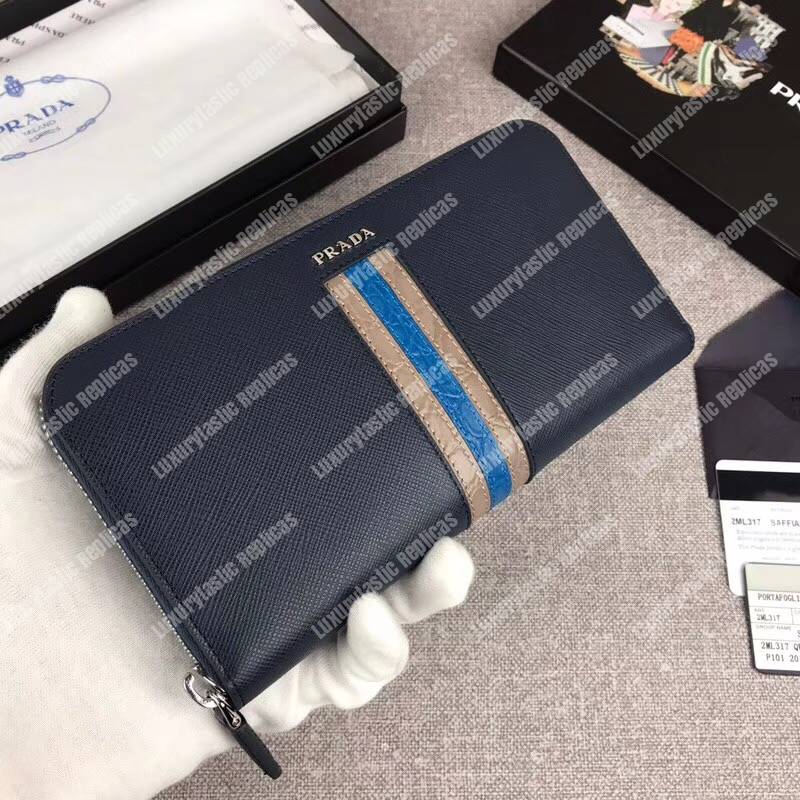 Pra*a saffiano and crocodile leather wallet blue dark blue/grey crocodile insert
