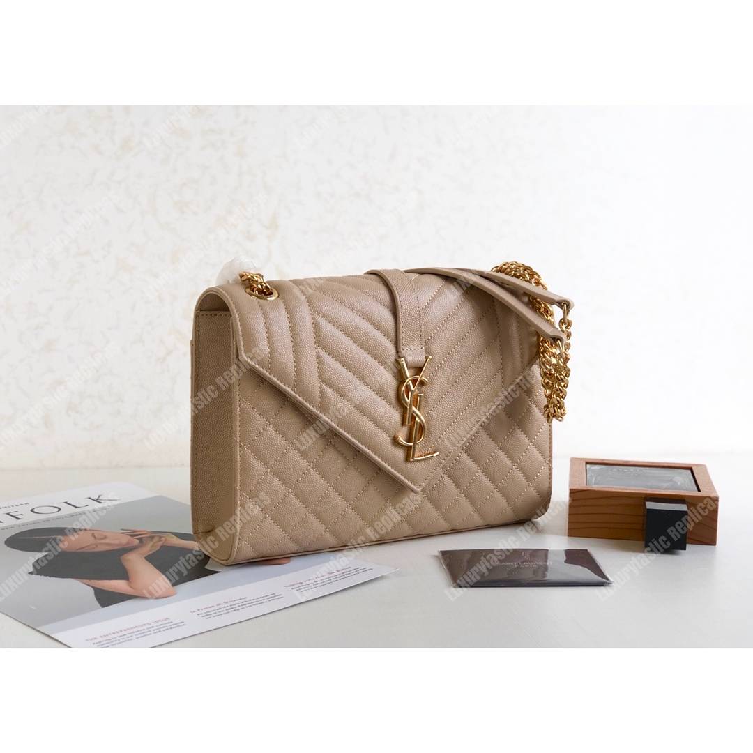 Saint Laurent Envelope Medium Bag in Mix Matelasse Grain De Poudre Embossed Leather Latte
