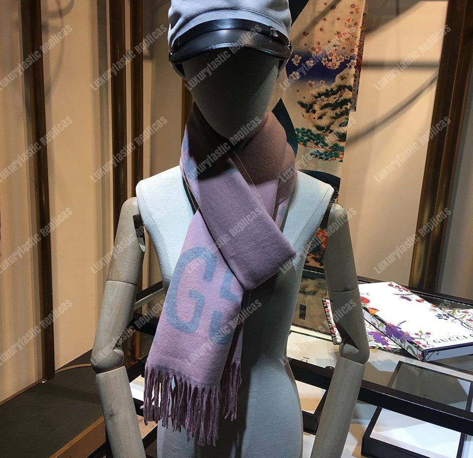 G*u*i gg jacquard wool silk scarf light grey & pink