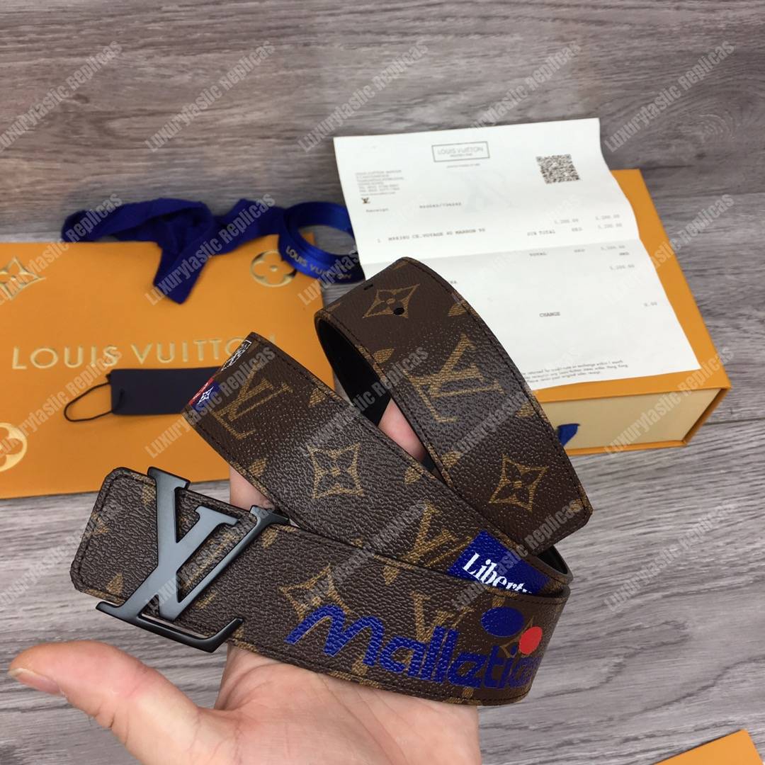LV Brown Initiales With Printed Stickers 40MM Reversible Leather Belt Black Hardware