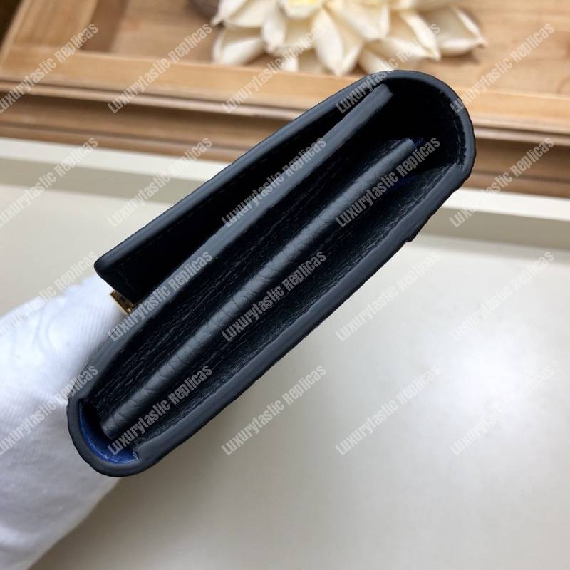 LV Capucines Wallet Taurillon Noir Leather Monogram Blue Flowers