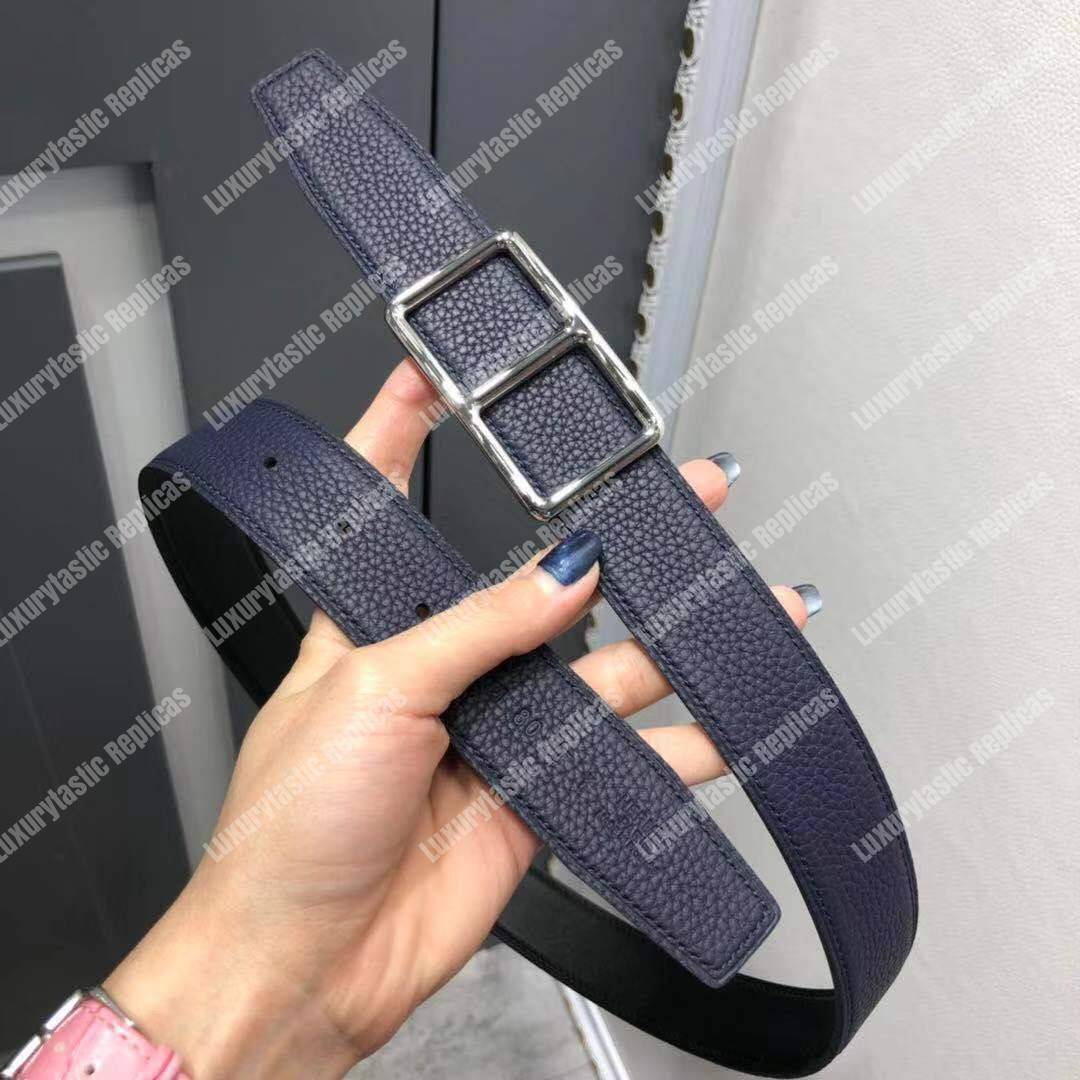 H**mes officier belt buckle reversible leather strap black/bleu de prusse