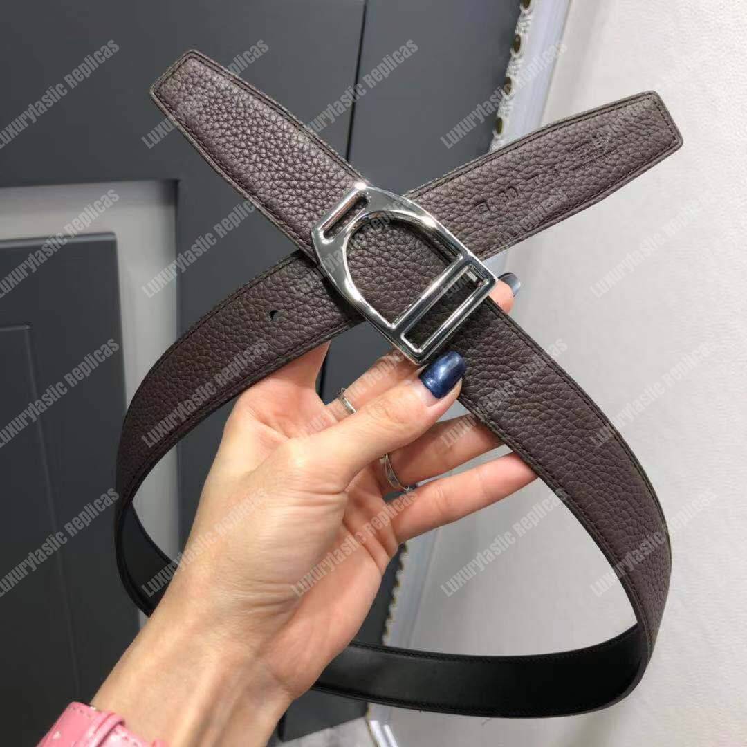 H**mes etrier buckle & reversible leather strap 32 mm noir / chocolat