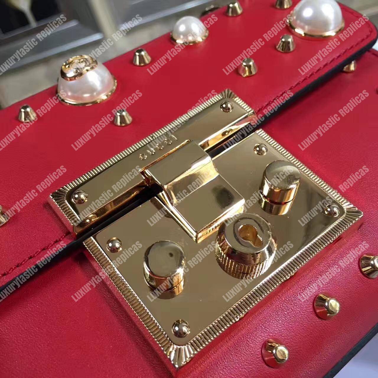 G*u*i padlock shoulder bag red with pearls
