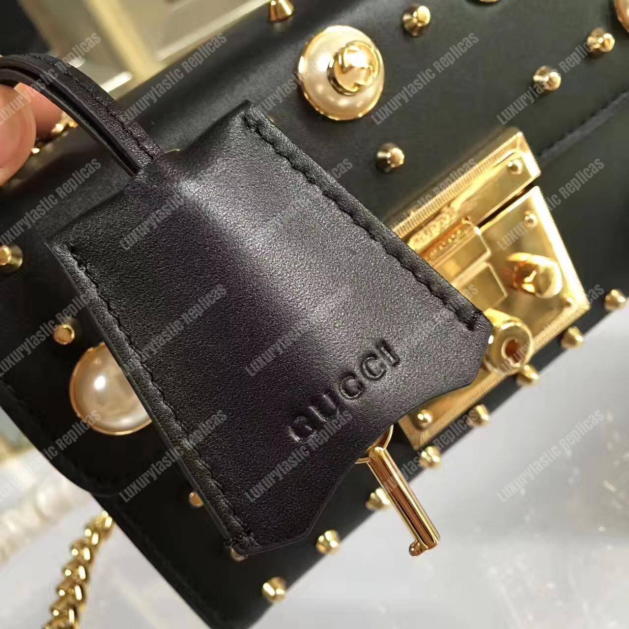 G*u*i padlock shoulder bag black with pearls