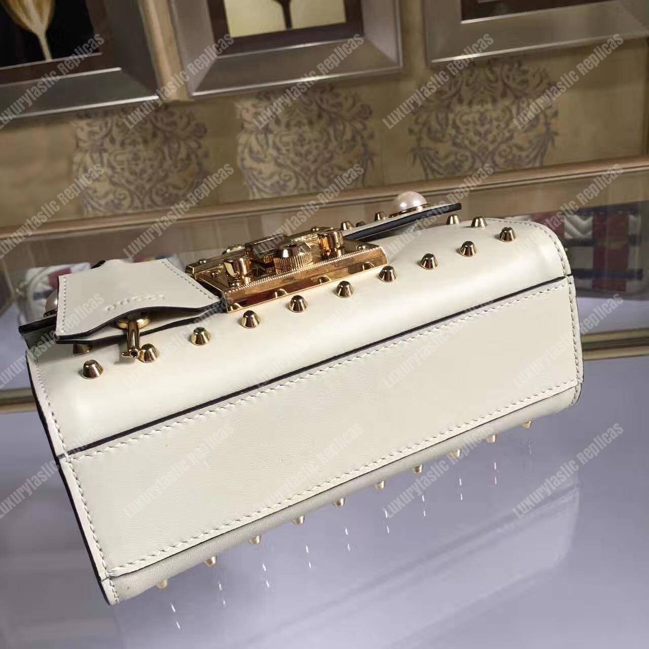 G*u*i padlock shoulder bag white with pearls