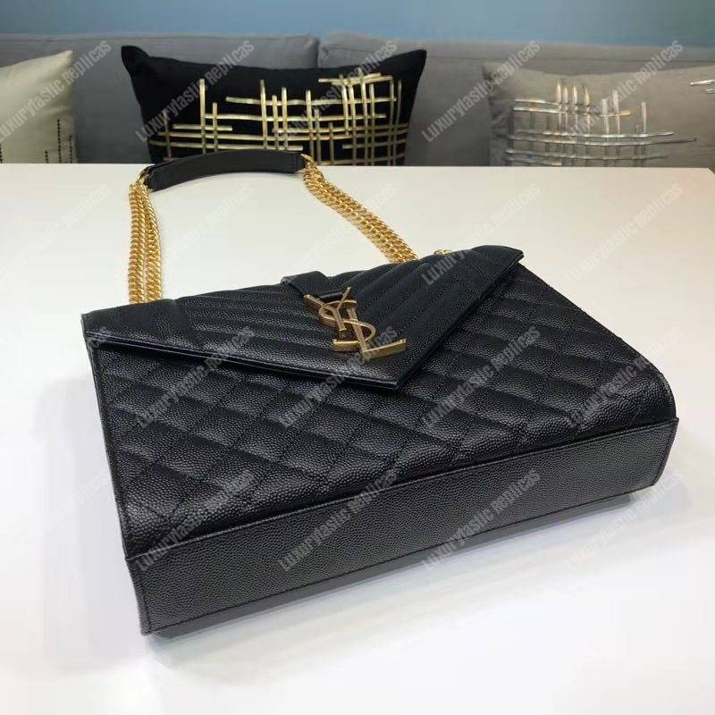 Saint Laurent Envelope Medium Bag Mix Matelassé Grain De Poudre Embossed leather Black Gold-Toned