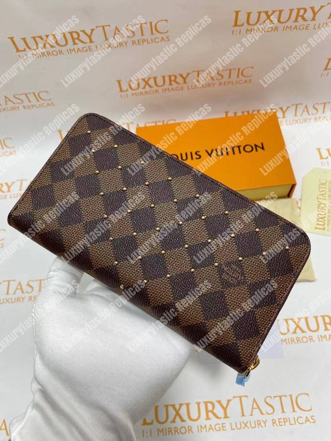 LV Zippy Wallet Damier Ebene Gold Studs