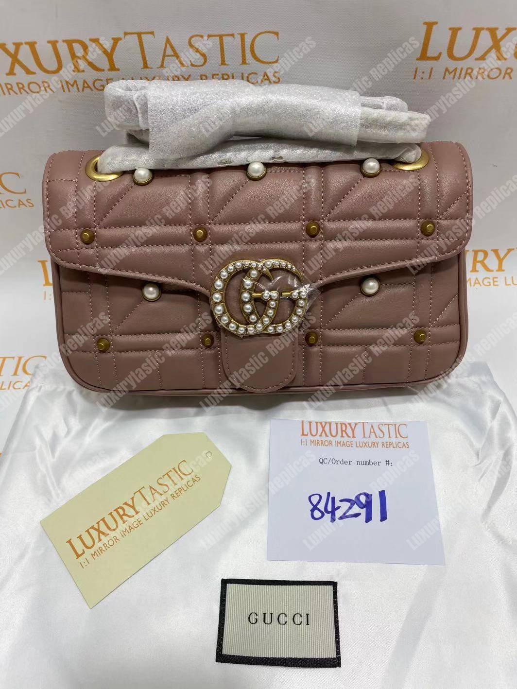 G*u*i gg marmont small matelassé shoulder bag with pearls dusty pink
