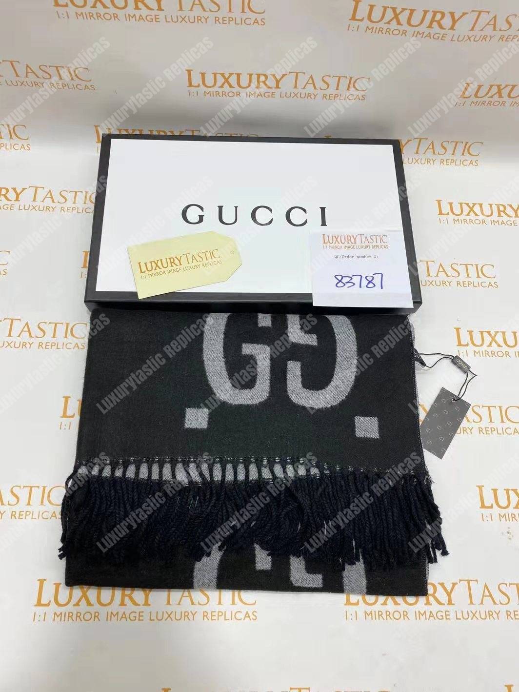 G*u*i gg jacquard wool silk scarf light grey & black