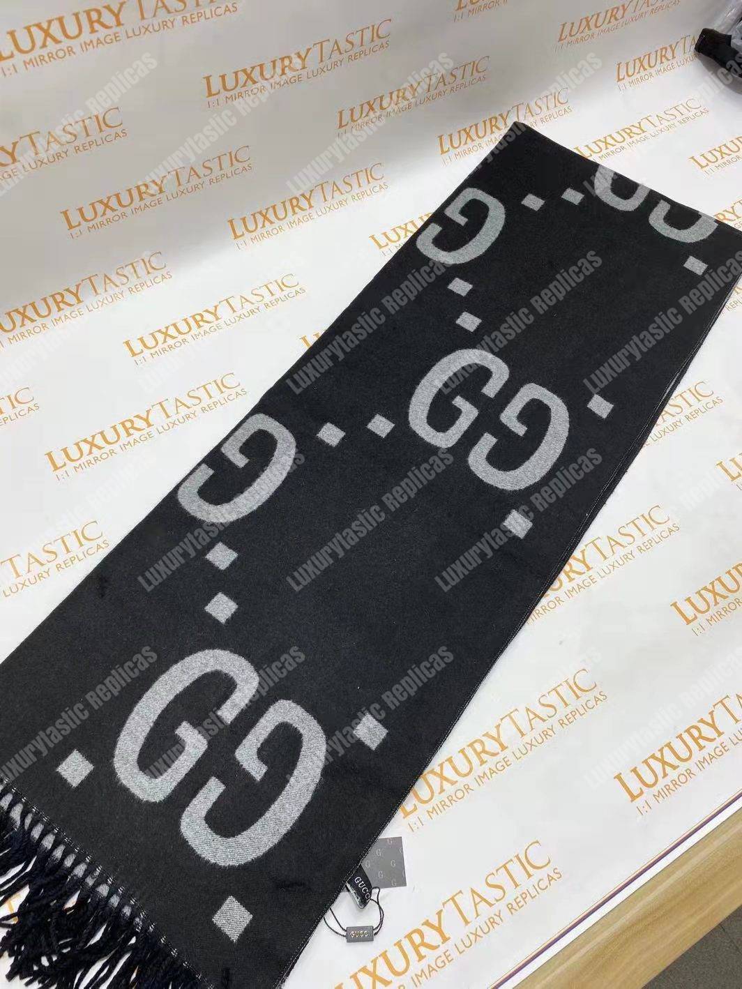 G*u*i gg jacquard wool silk scarf light grey & black