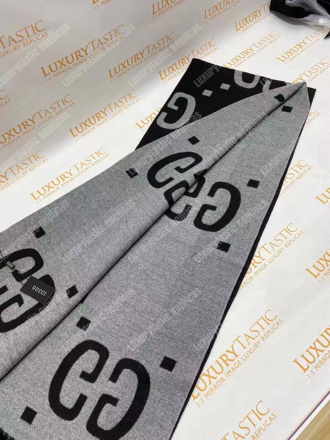 G*u*i gg jacquard wool silk scarf light grey & black