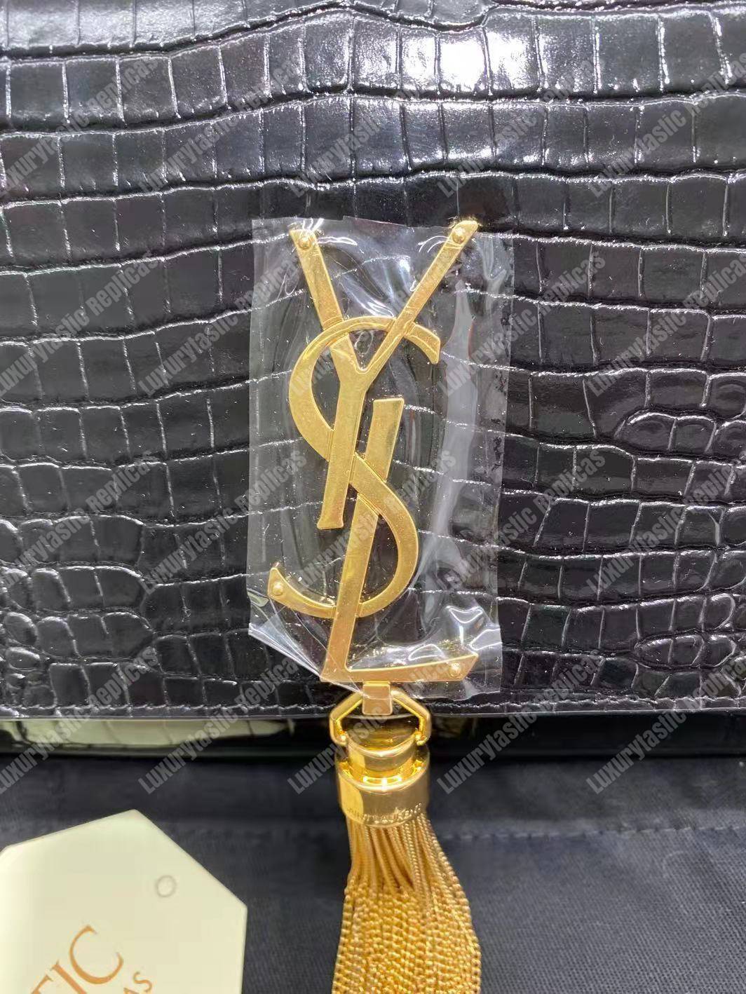 Saint Laurent Medium Kate Tassel Chain Bag Black Crocodile