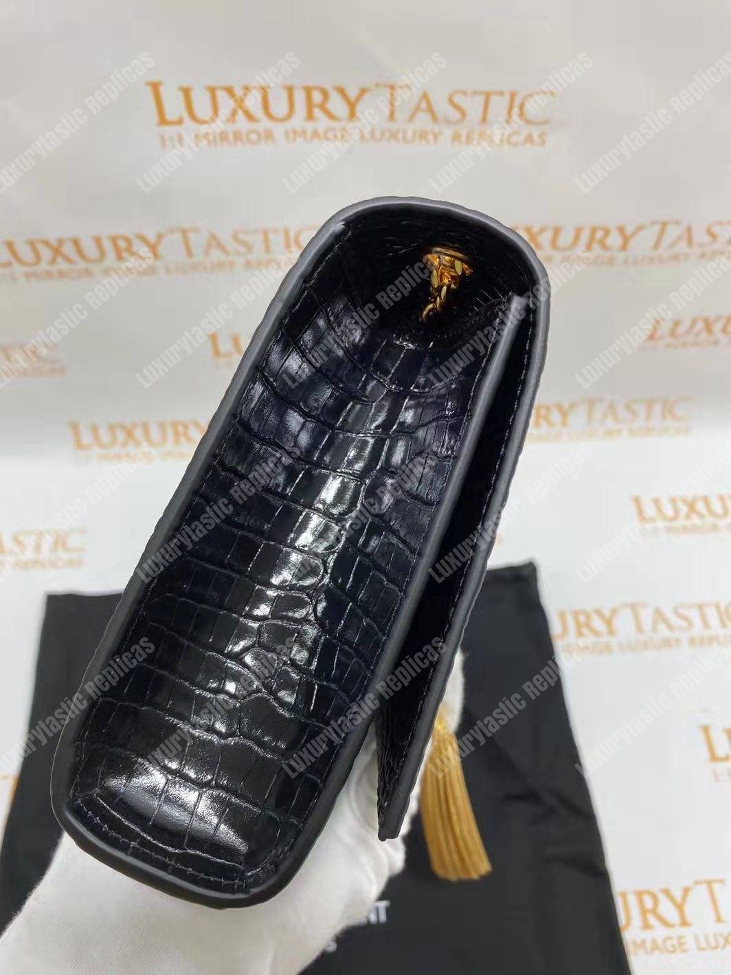 Saint Laurent Medium Kate Tassel Chain Bag Black Crocodile