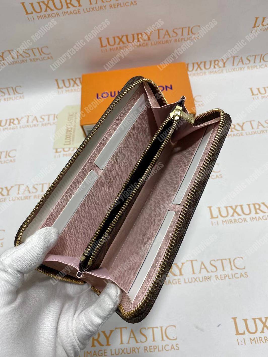 LV Clemence Wallet Damier Ebene Rose Ballerine