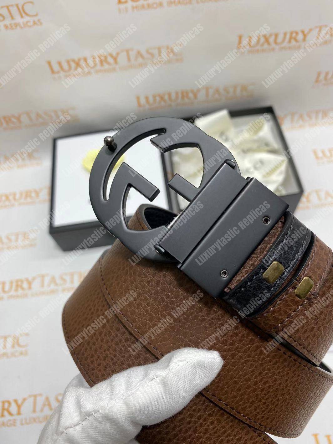 G*u*i leather belt with interlocking g buckle brown