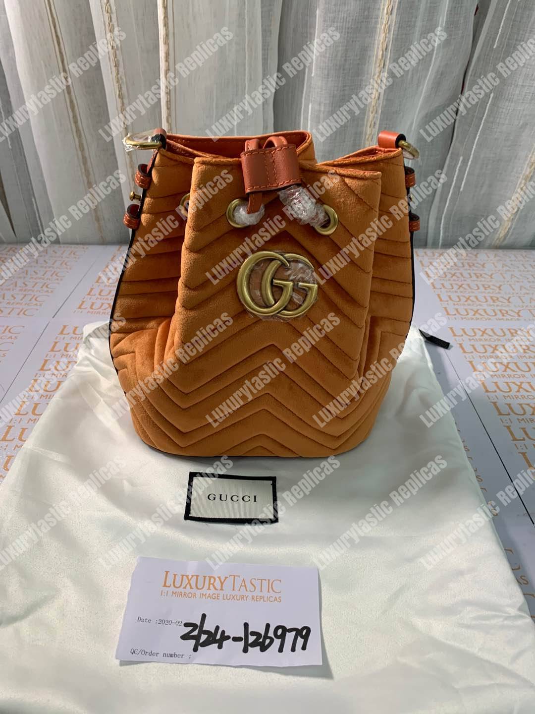 G*u*i gg marmont velvet bucket bag camel