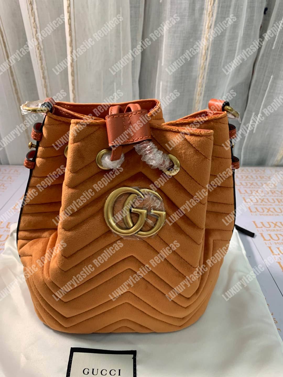 G*u*i gg marmont velvet bucket bag camel