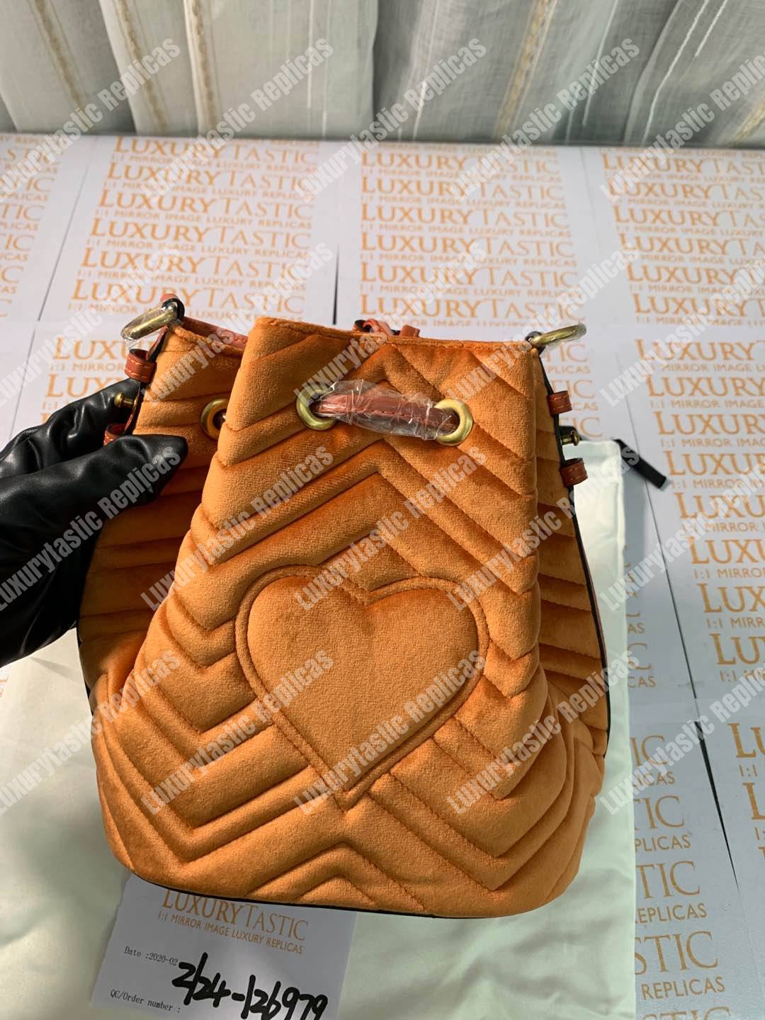 G*u*i gg marmont velvet bucket bag camel